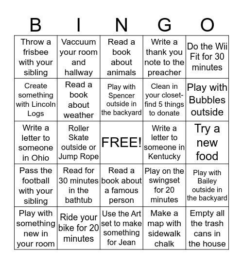 Summer Fun Bingo #1 Bingo Card