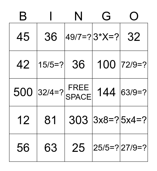 Mathamatics Bingo Card
