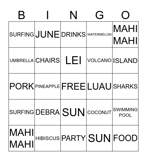 Luau Bingo Card