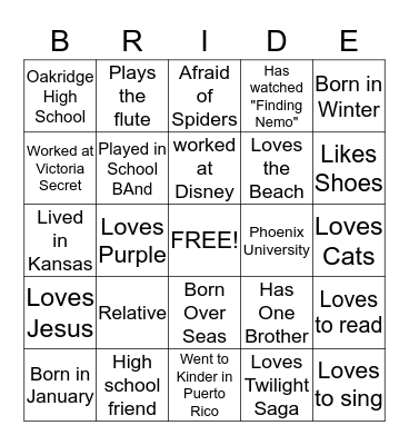 Natasha's Bridal Shower BINGO Card