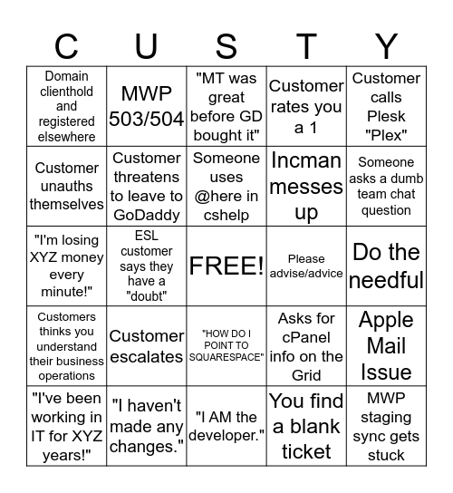 (mt) C U S T Y Bingo Card