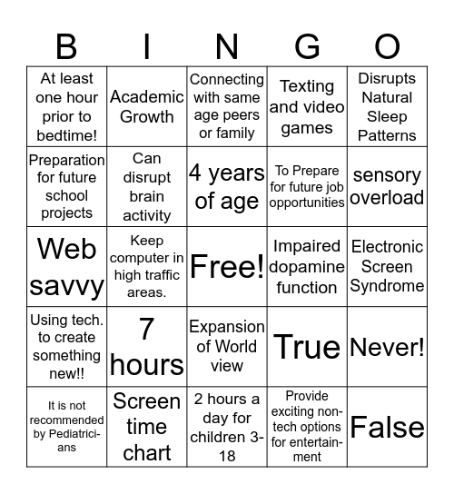 Screen Time Bingo Card