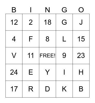 LETTERS AND NUMBERS Bingo Card