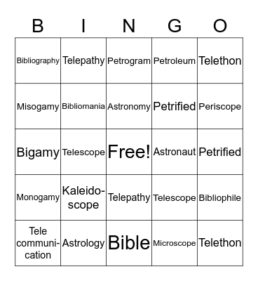 Root Word Bingo Card