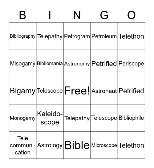 Root Word Bingo Card