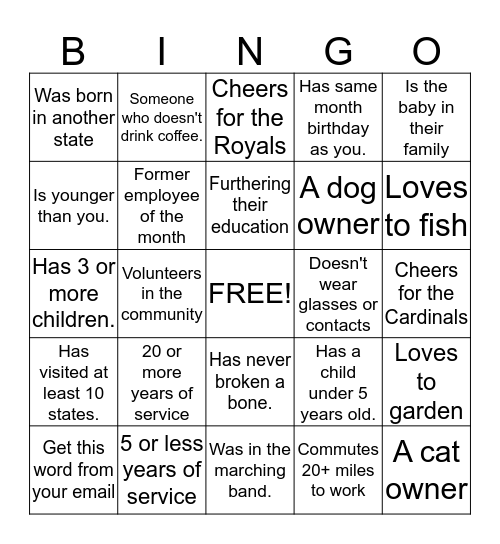 Get to know your Co-Workers Bingo! Bingo Card