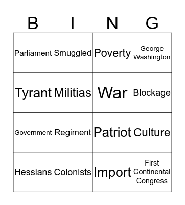 Revolutionary Unit Vocab Bingo Card