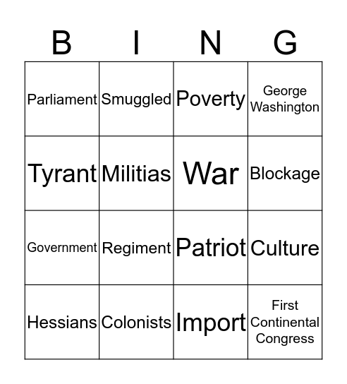 Revolutionary Unit Vocab Bingo Card