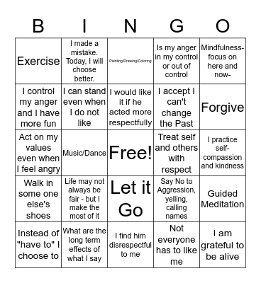 Managing My Anger Bingo Card