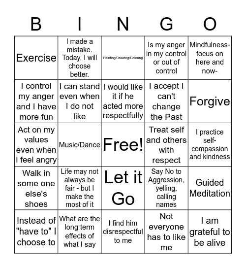 Managing My Anger Bingo Card