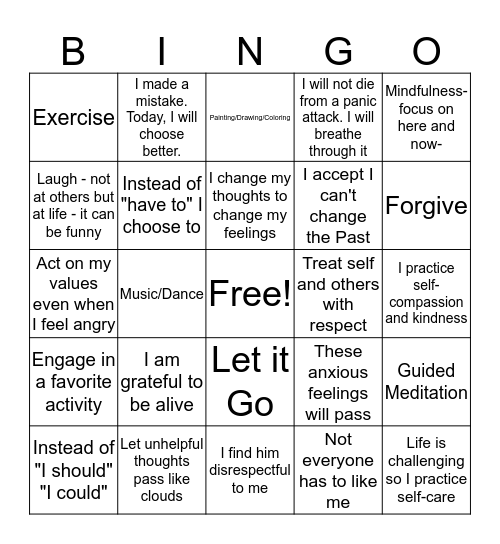 Managing My Stress Bingo Card