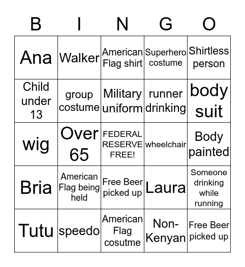 Peachtree Road Race Bingo Card