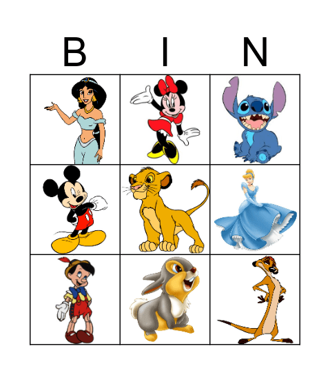 Disney Character Bingo Card