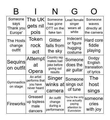 Eurovision Bingo Card