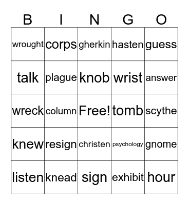 SILENT LETTERS Bingo Card