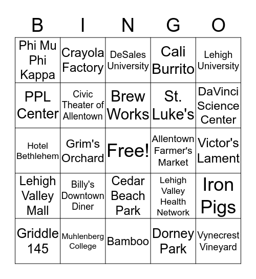 Lehigh Valley Bingo Card