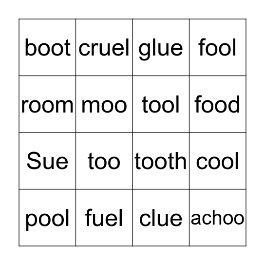 Words with oo/ue  Bingo Card