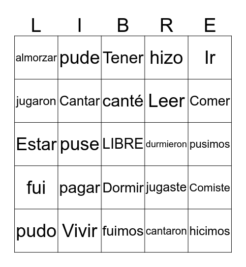 Pretérito (Past Tense) Bingo Card