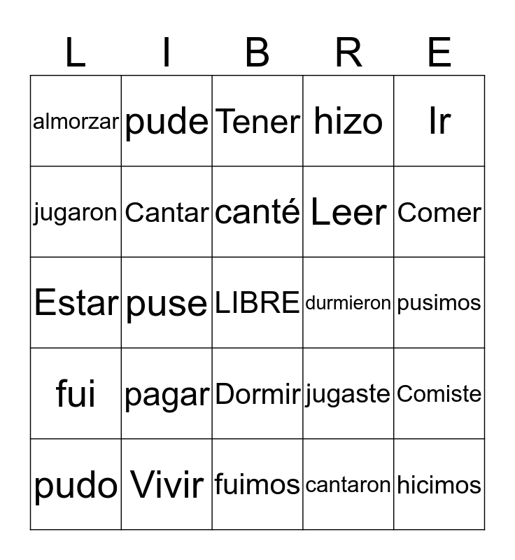 Preterito Past Tense Bingo Card