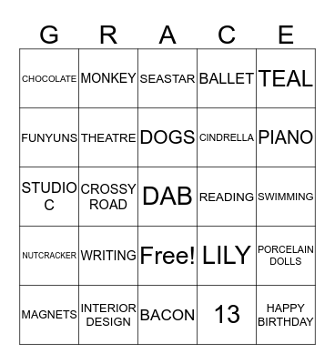 GRACE'S BIRTHDAY BINGO Card
