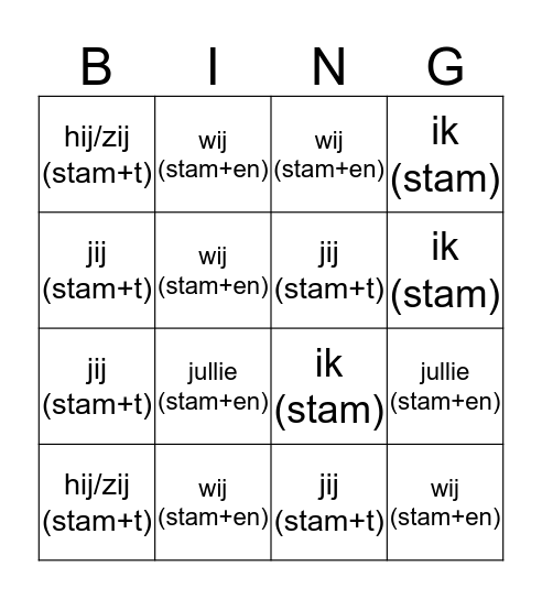 Werkwoordenbingo Card