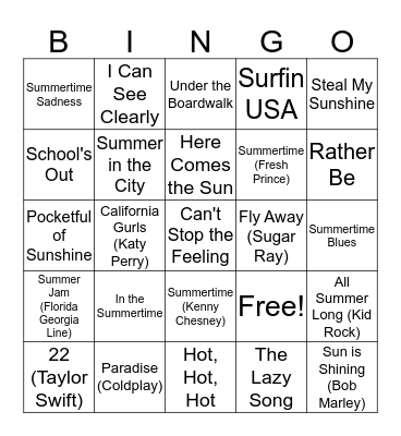 Summer Playlist Bingo Card