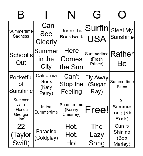 Summer Playlist Bingo Card