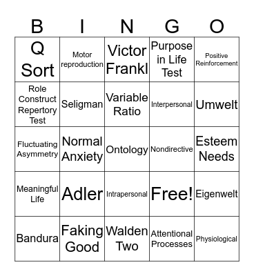 Personality Theories Bingo Card