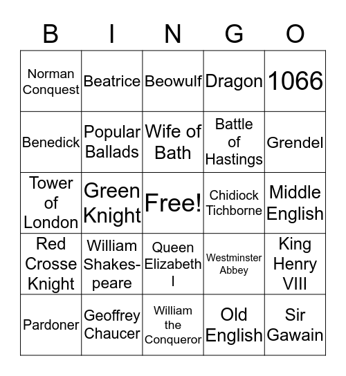 History of the English Language Bingo Card