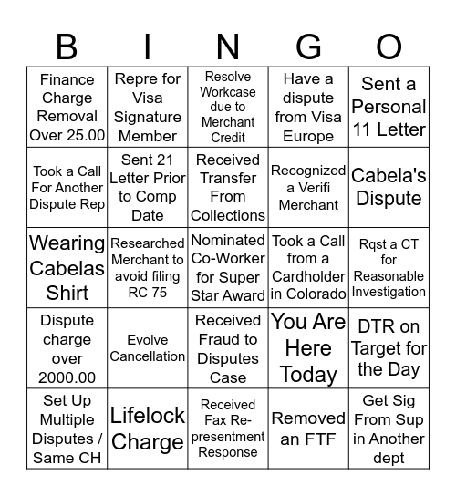 Dispute Rep Bingo Card