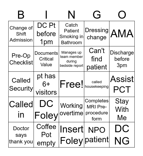 PCU  Bingo Card
