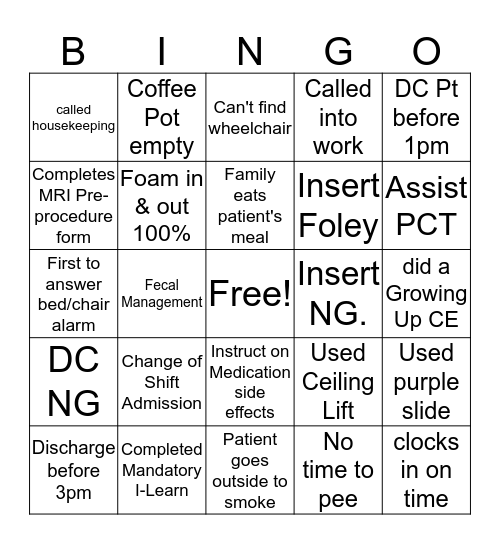 PCU  Bingo Card