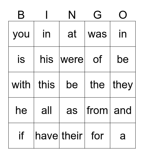 Sight Word Bingo Card