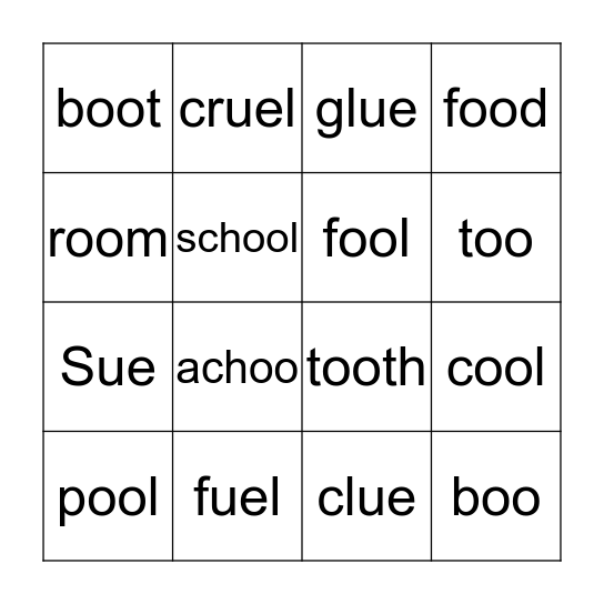 words with oo & ue Bingo Card