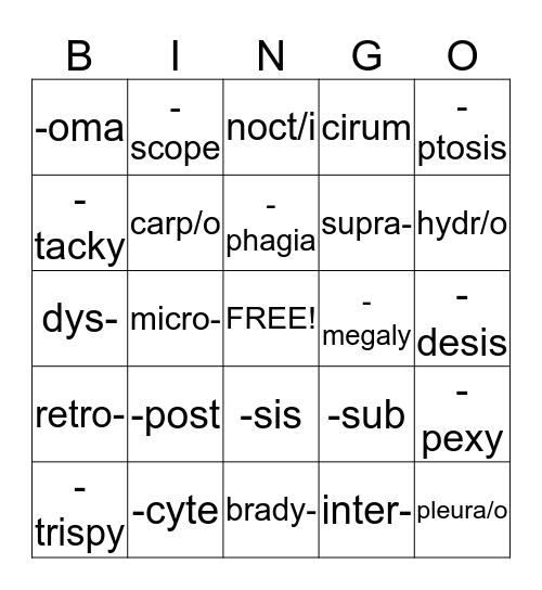 Medical Terminology Bingo Card