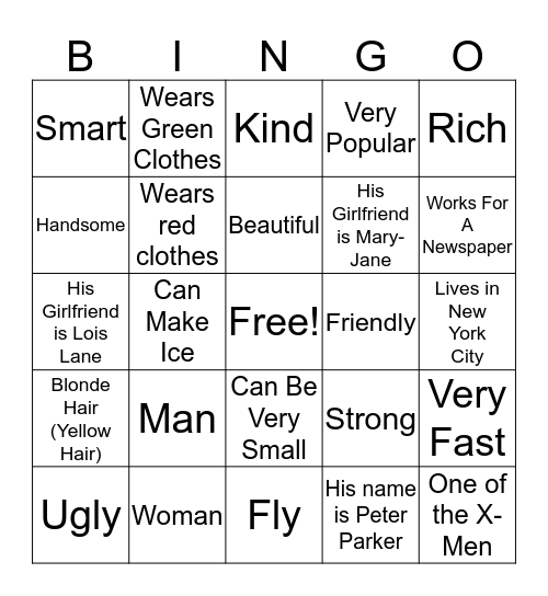 Superheroes Bingo Card