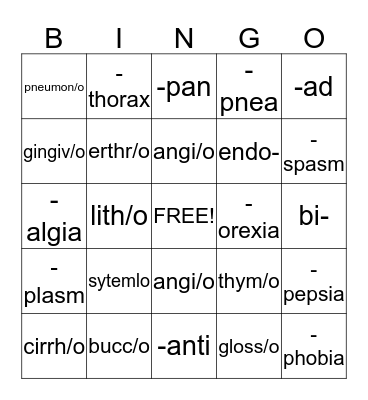 Medical Terminology Bingo Card