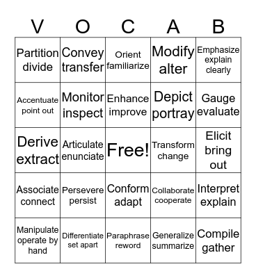 Academic Vocabulary Bingo Card