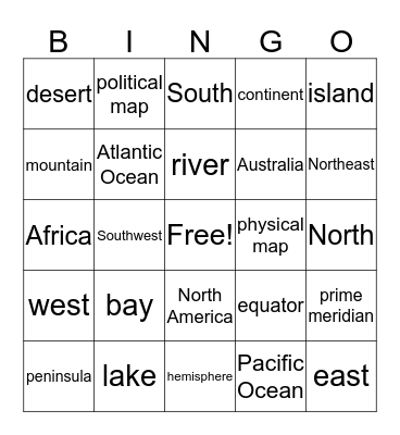 Geography Vocabulary Bingo Card