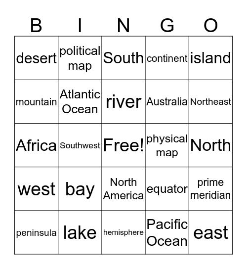 Geography Vocabulary Bingo Card