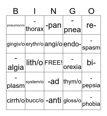 Medical Terminology Bingo Card