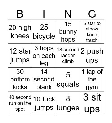 Jr Fitness Bingo Card