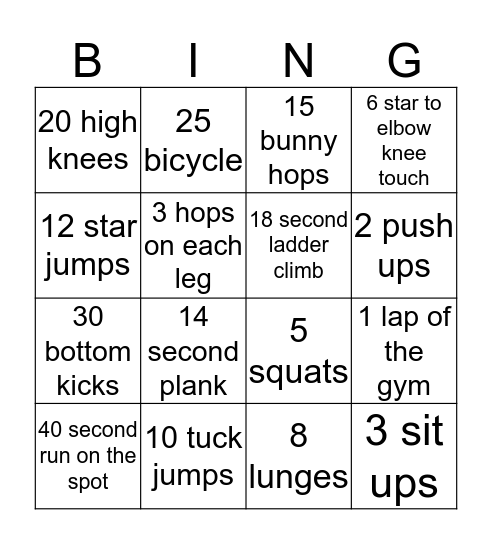 Jr Fitness Bingo Card