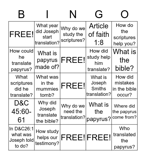 Bible Translation Bingo Card
