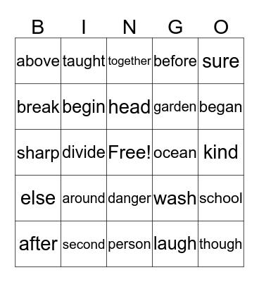 Lily's Vocabulary Bingo Card