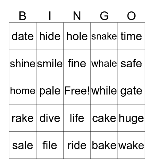 Silent 'E' Bingo Card