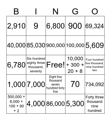 Six Digit Place Value Bingo Card