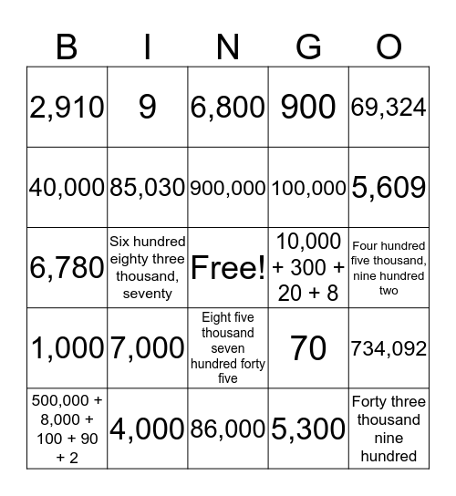 Six Digit Place Value Bingo Card