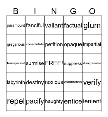 Vocabulary Bingo Card