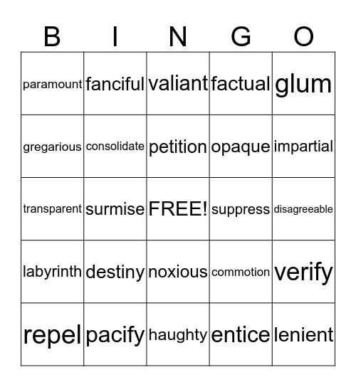 Vocabulary Bingo Card